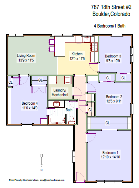Floor plan for 4 beds, 1 bath, 1000 sqft